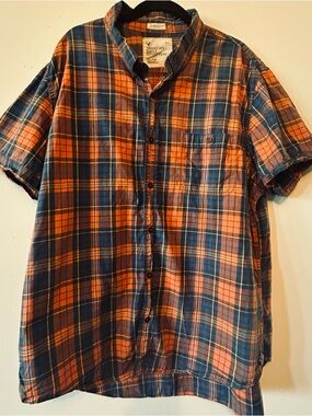 American Eagle Outfitters Orange and Blue Plaid Short-Sleeve Button-Up